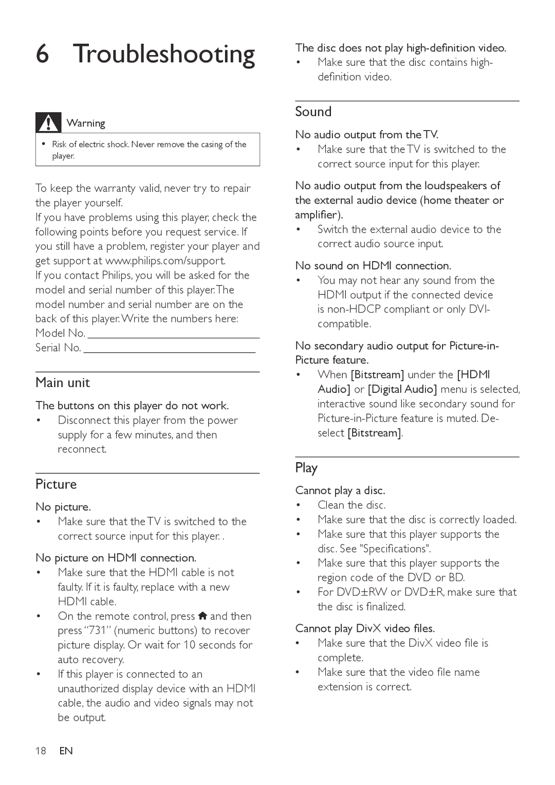 Philips BDP2980, BDP2982 user manual Troubleshooting, Serial No, No picture, No audio output from the TV 