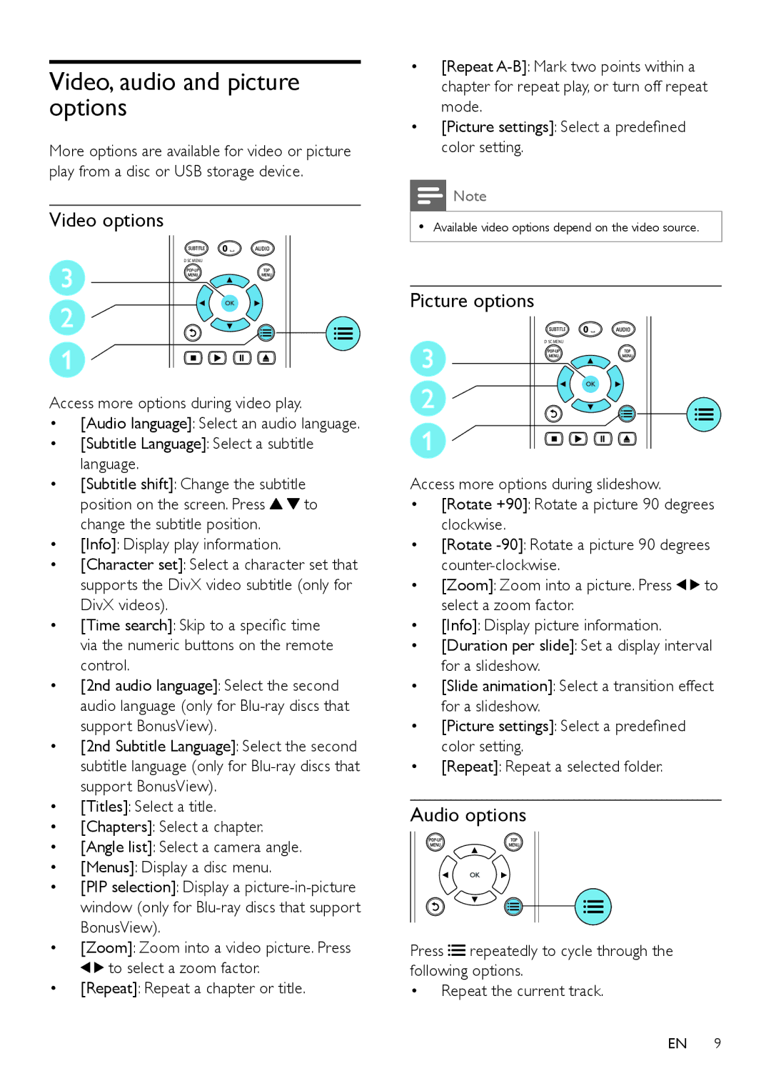 Philips BDP2982, BDP2980 user manual Video, audio and picture options, Access more options during video play 