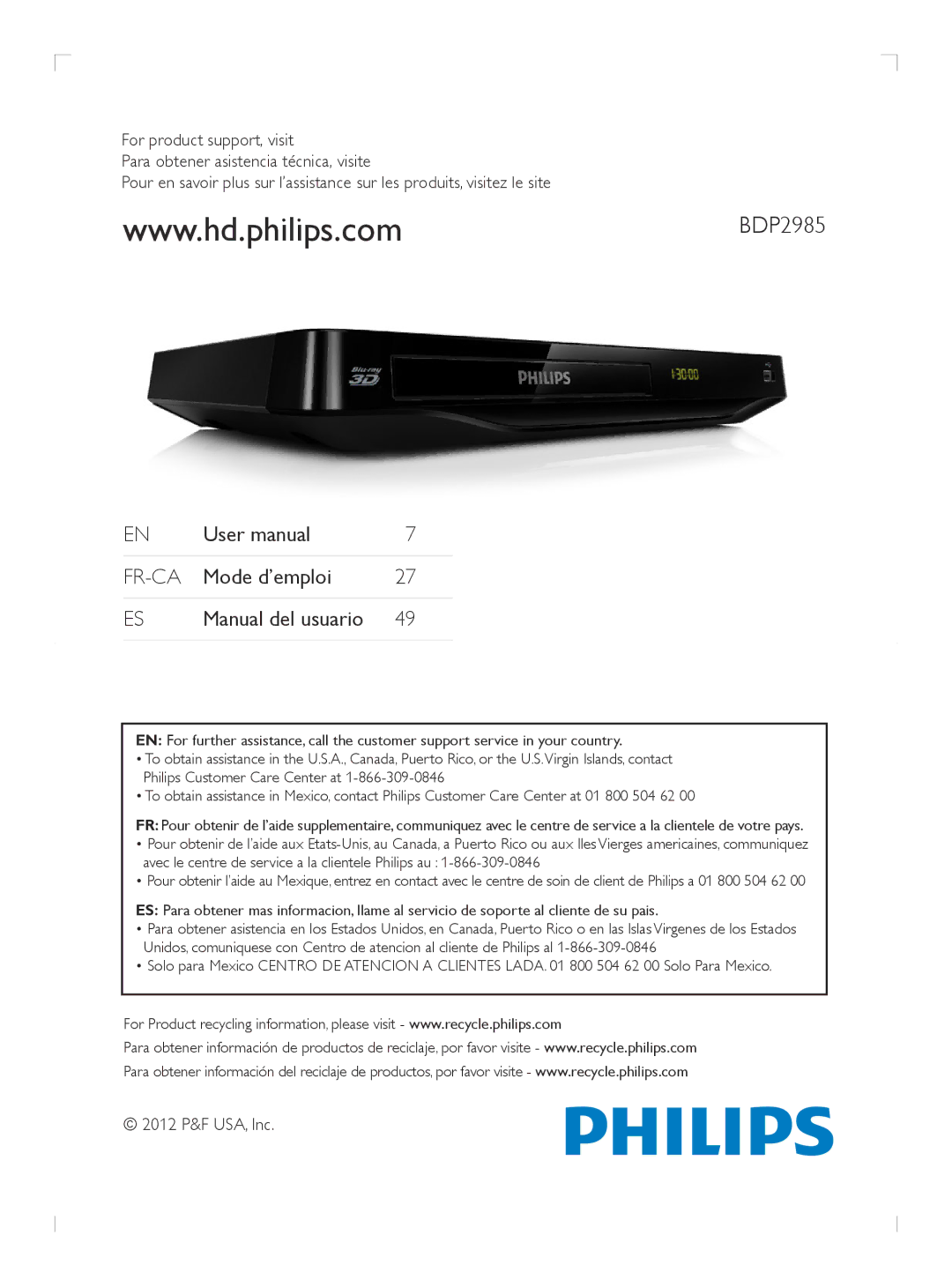 Philips BDP2985 user manual Mode d’emploi Manual del usuario, 2012 P&F USA, Inc 