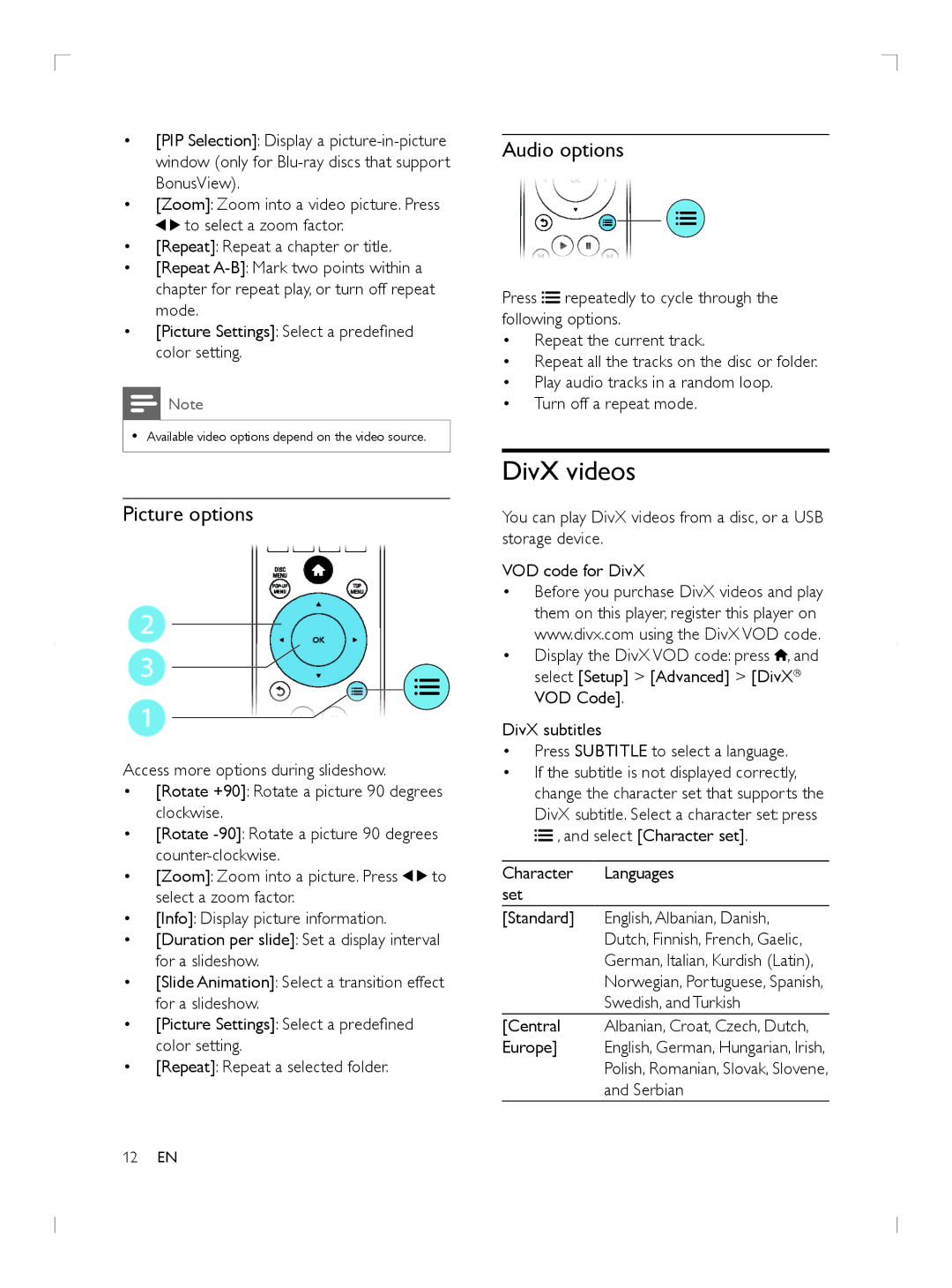 Philips BDP2985 user manual DivX videos, Picture options, Audio options 