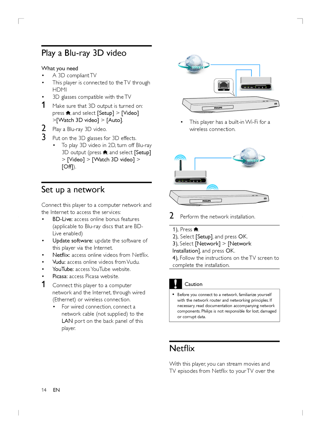 Philips BDP2985 user manual Play a Blu-ray 3D video, Set up a network, Netflix, Hdmi 