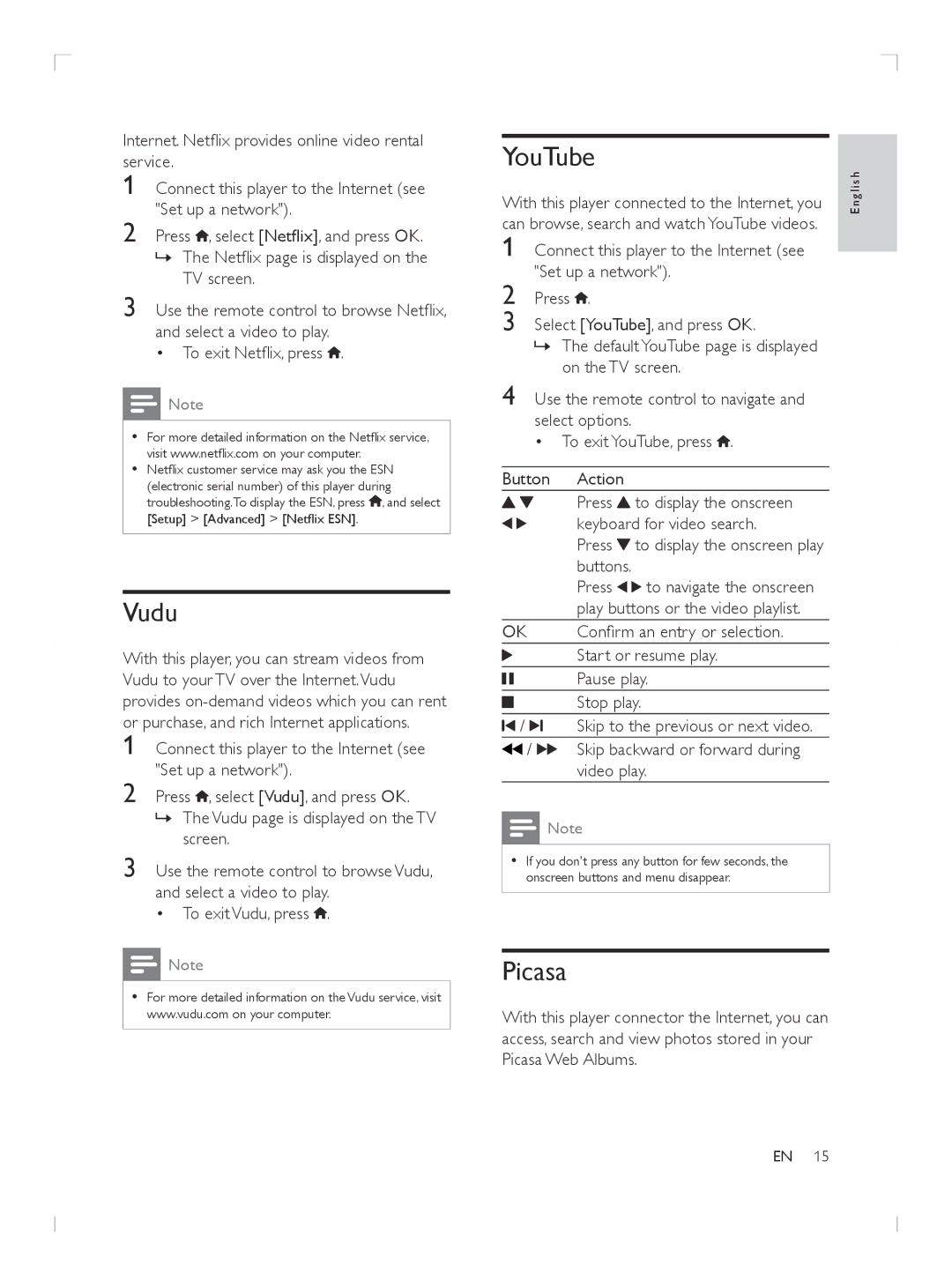 Philips BDP2985 user manual Vudu, YouTube, Picasa 