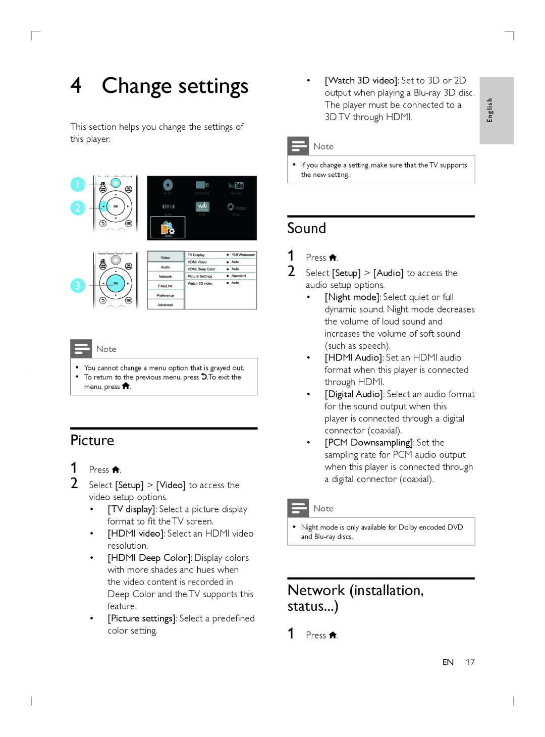 Philips BDP2985 user manual Change settings, Picture, Sound 