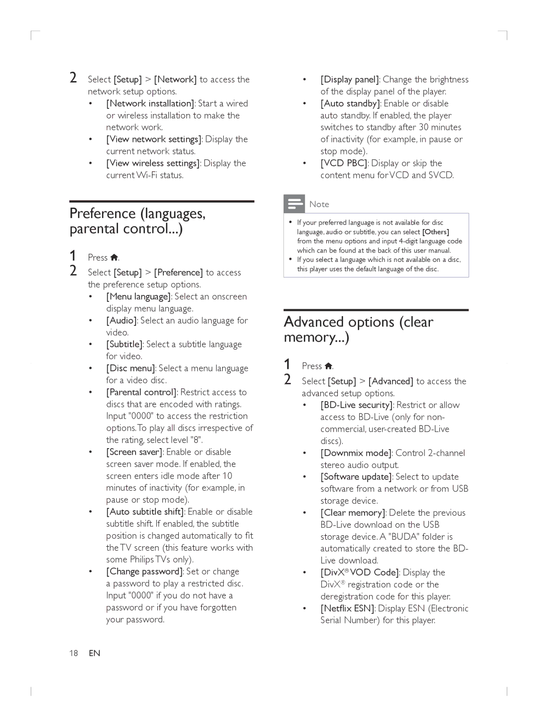 Philips BDP2985 user manual Advanced options clear memory, Preference languages, parental control 