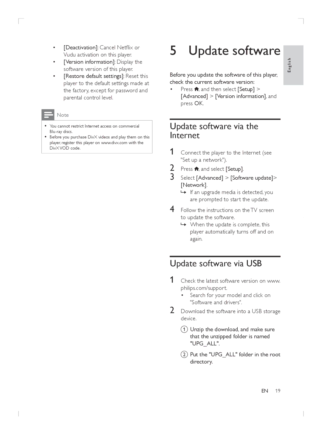 Philips BDP2985 user manual Update software via Internet, Update software via USB 