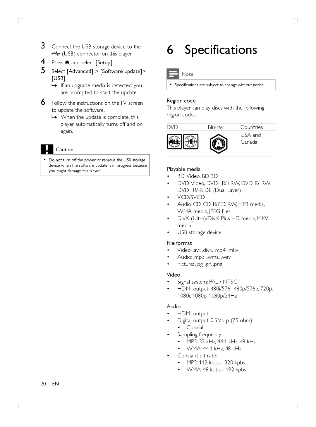 Philips BDP2985 user manual Specifications, Dvd, Vcd/Svcd 