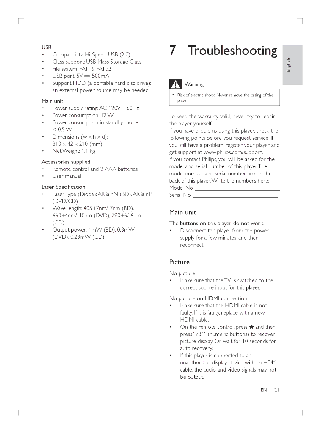 Philips BDP2985 user manual Troubleshooting, Main unit, Picture, Usb 