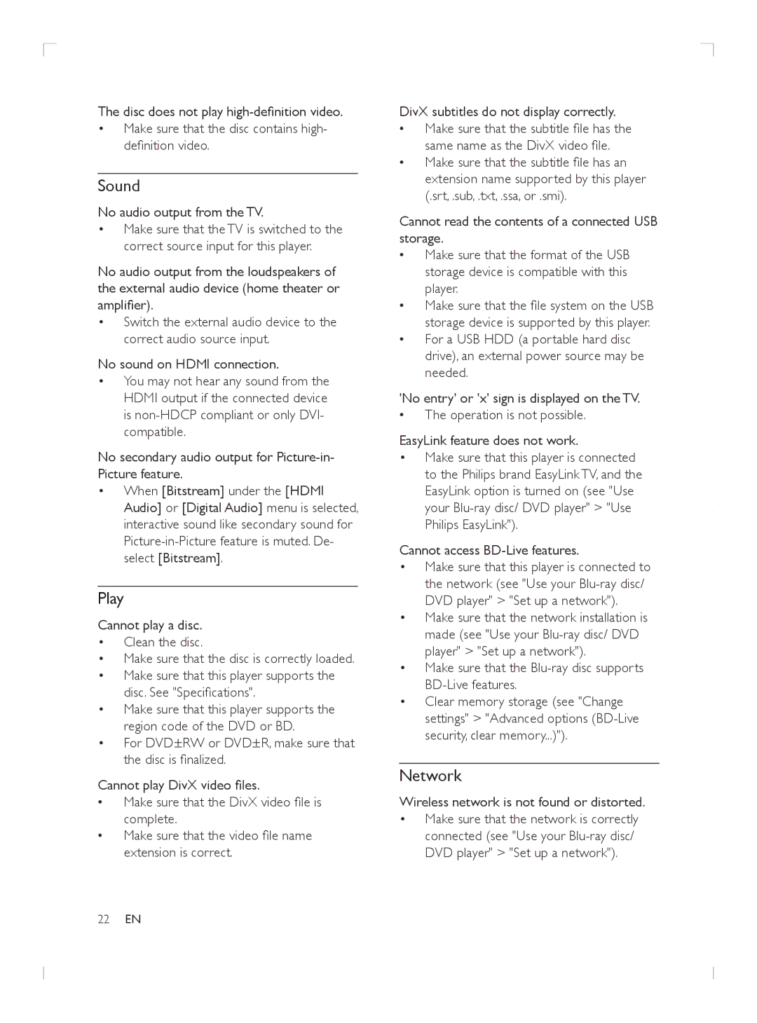 Philips BDP2985 user manual Sound, Play, Network 