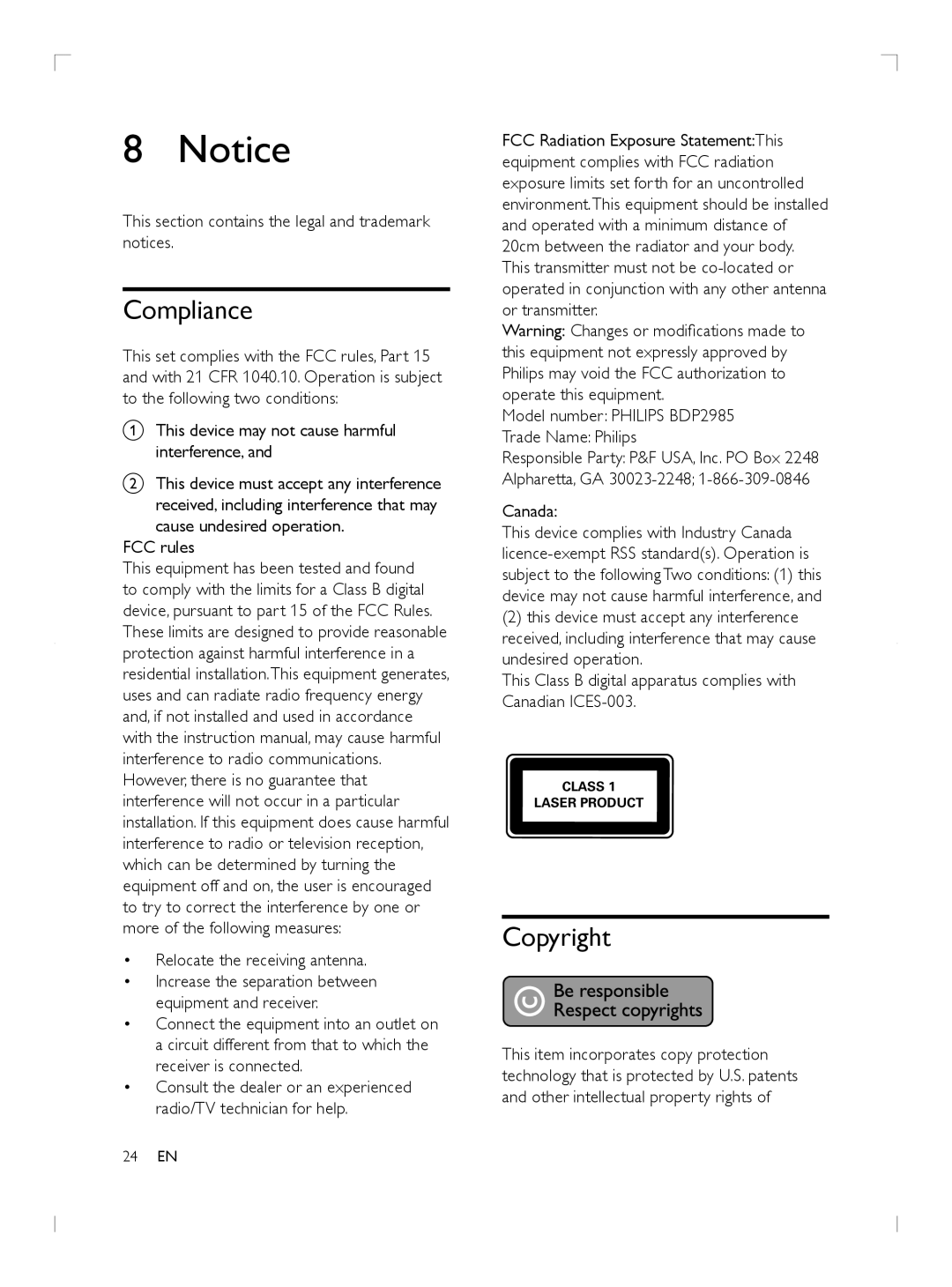 Philips BDP2985 user manual Compliance, Copyright 