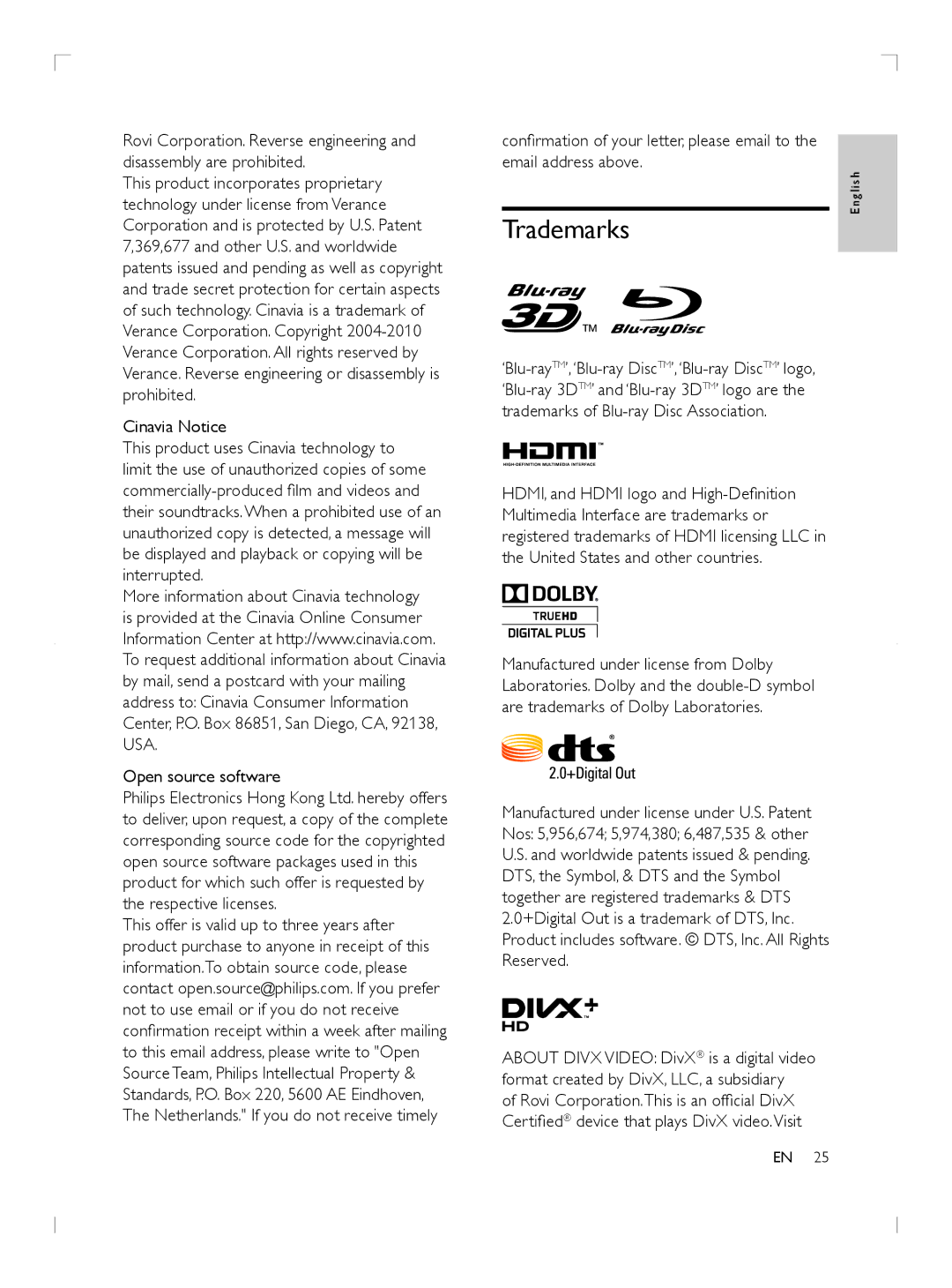 Philips BDP2985 user manual Trademarks, Cinavia Notice, Open source software 