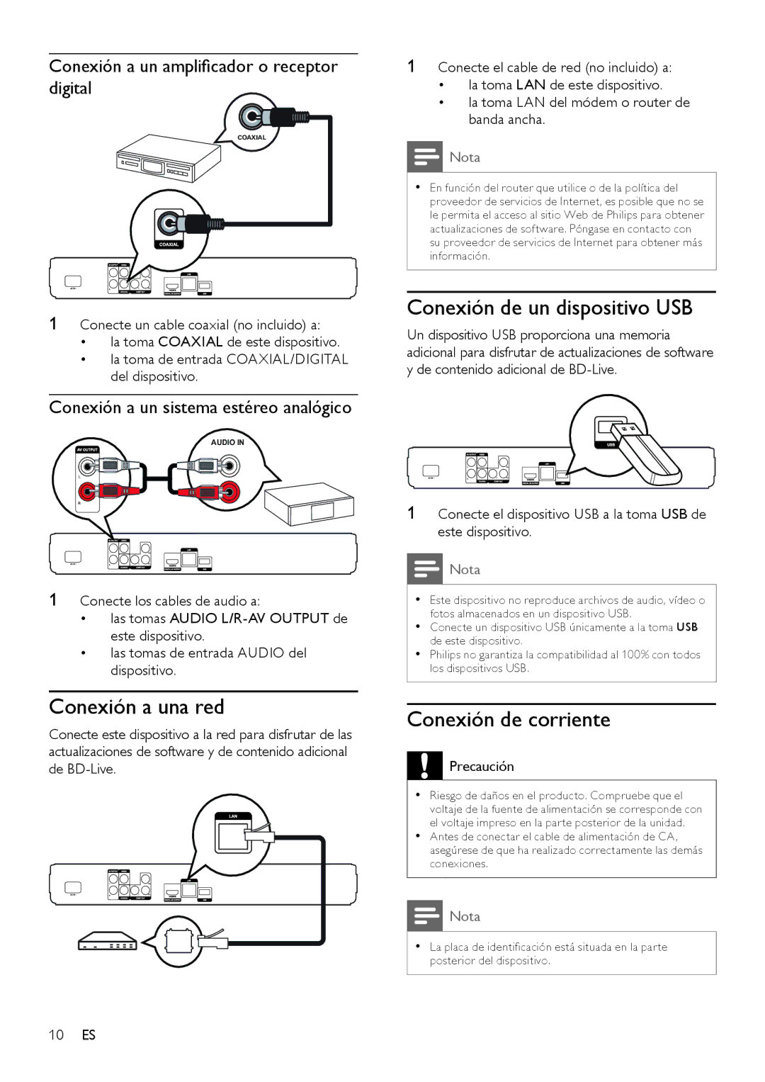 Philips BDP3000 manual Conexión a una red, Conexión de un dispositivo USB, Conexión de corriente 