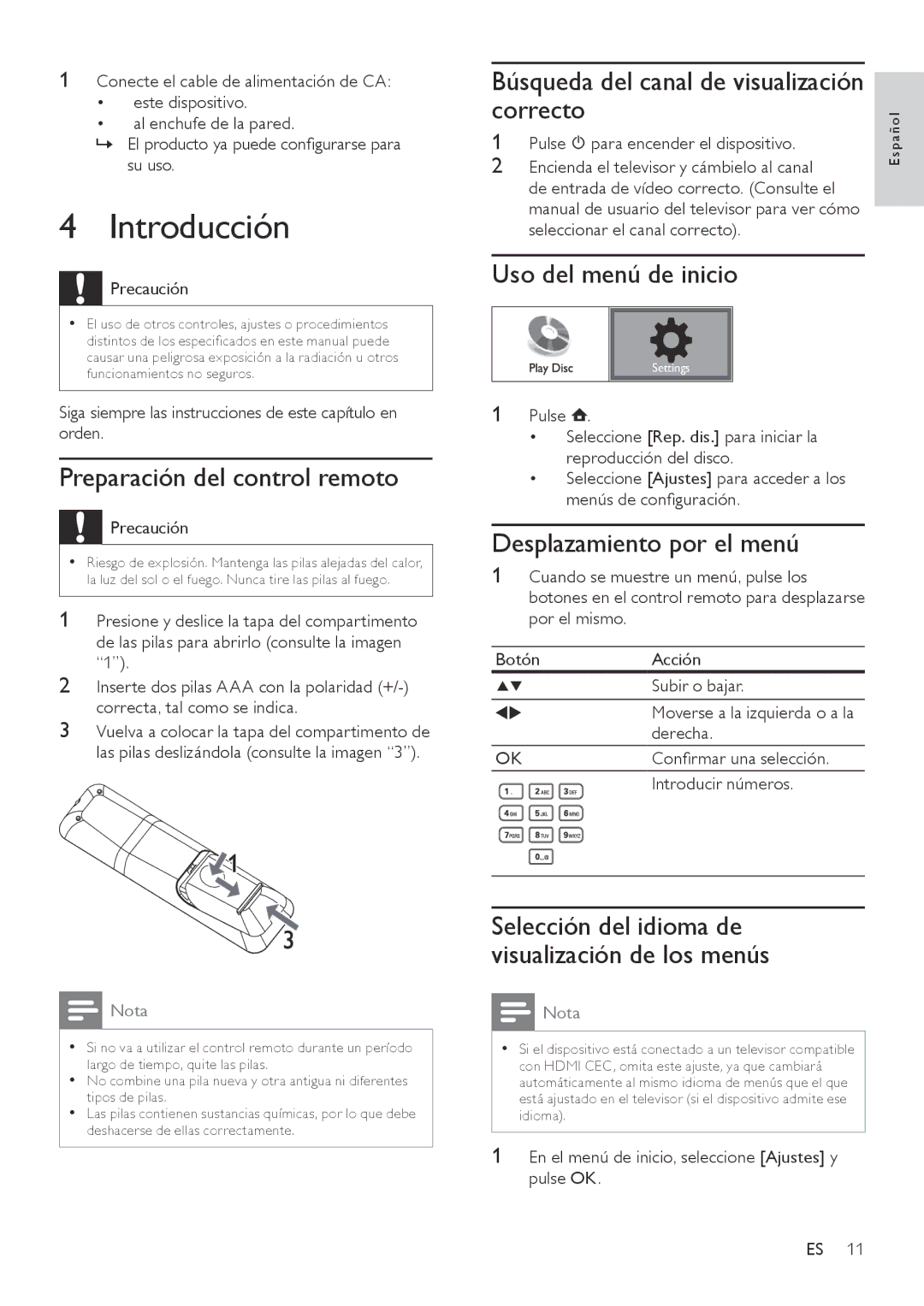 Philips BDP3000 Introducción, Preparación del control remoto, Correcto, Uso del menú de inicio, Desplazamiento por el menú 