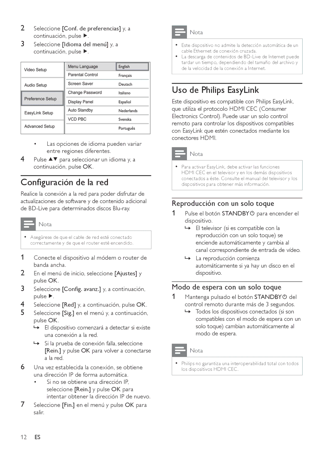 Philips BDP3000 manual Configuración de la red, Uso de Philips EasyLink, Reproducción con un solo toque 