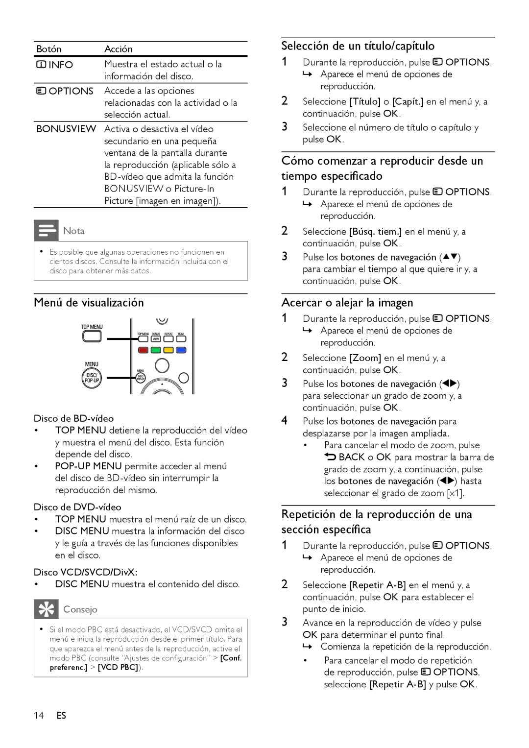 Philips BDP3000 manual Menú de visualización, Selección de un título/capítulo, Acercar o alejar la imagen 