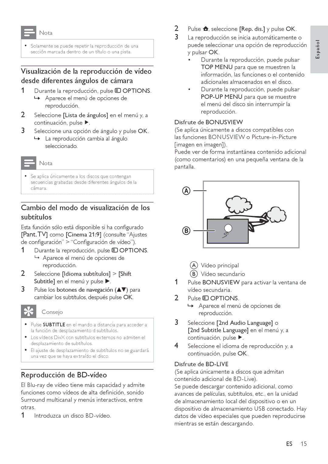 Philips BDP3000 manual Cambio del modo de visualización de los subtítulos, Reproducción de BD-vídeo, Pulsar OK 