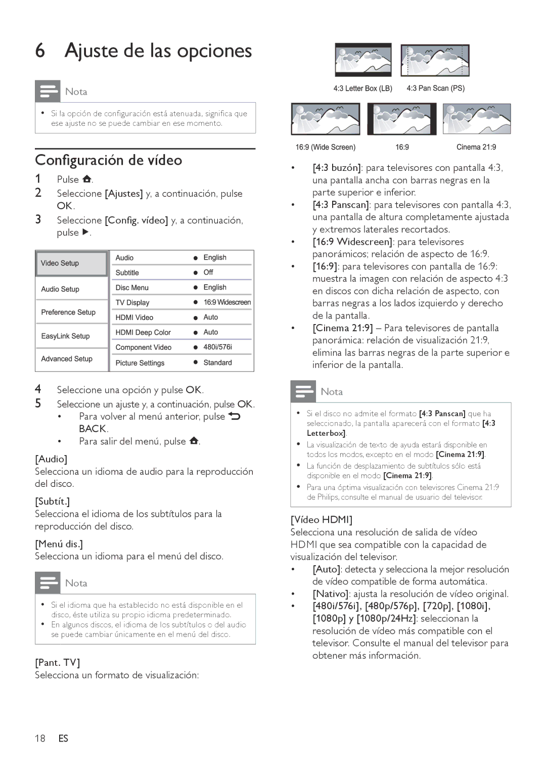 Philips BDP3000 manual Ajuste de las opciones, Configuración de vídeo, Pant. TV Selecciona un formato de visualización 