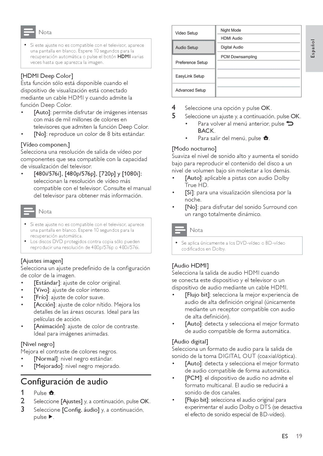 Philips BDP3000 manual Configuración de audio, Audio Hdmi, Audio digital 