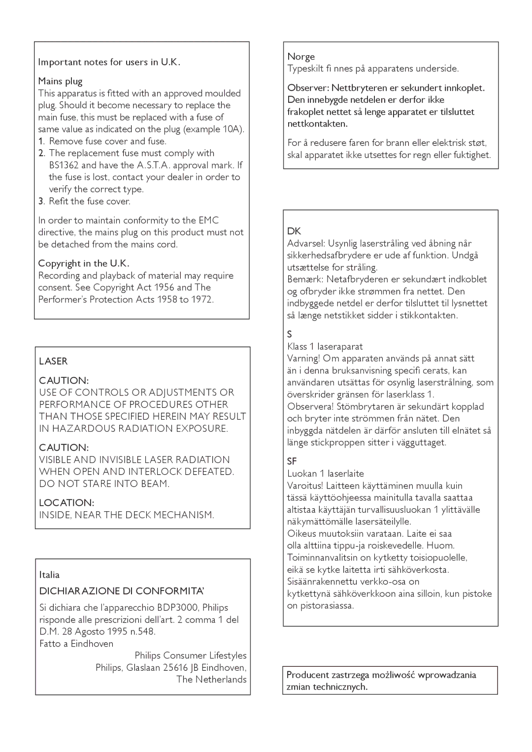 Philips BDP3000 manual Important notes for users in U.K Mains plug, Laser, Italia, Dichiarazione DI CONFORMITA’ 