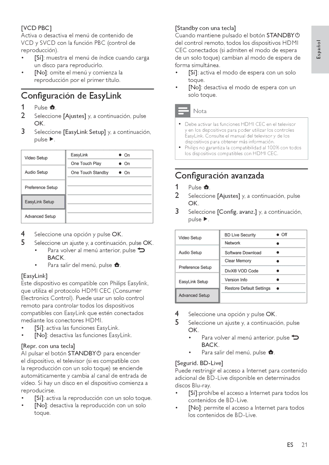 Philips BDP3000 manual Configuración de EasyLink, Configuración avanzada, Vcd Pbc 