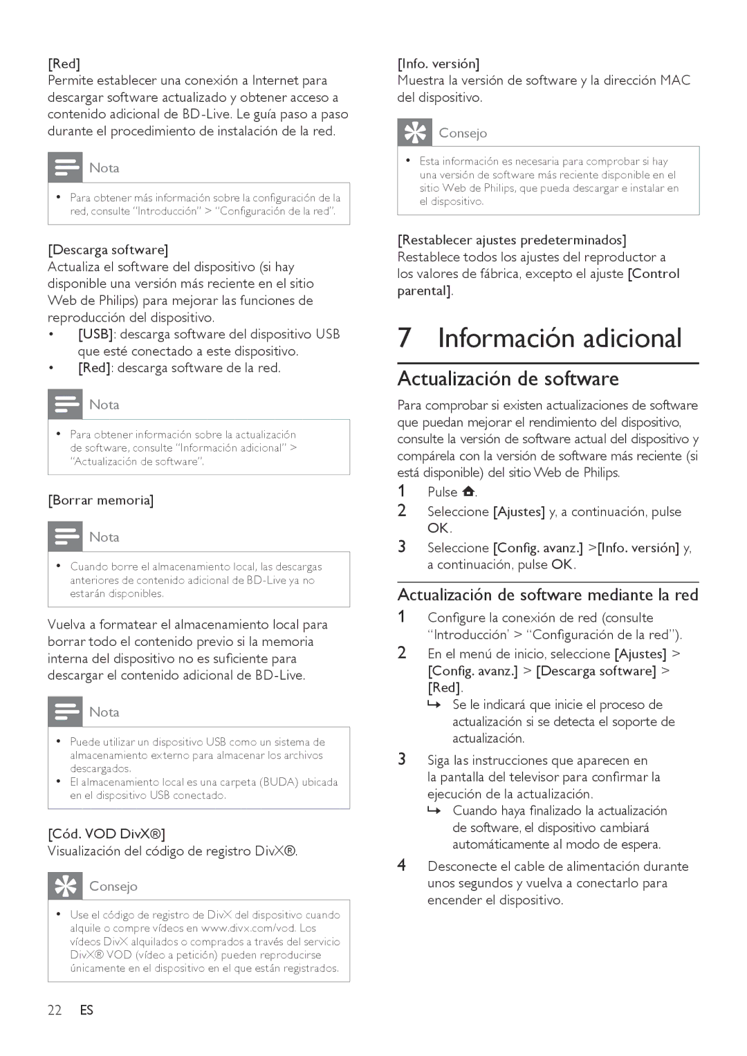 Philips BDP3000 manual Información adicional, Actualización de software mediante la red 