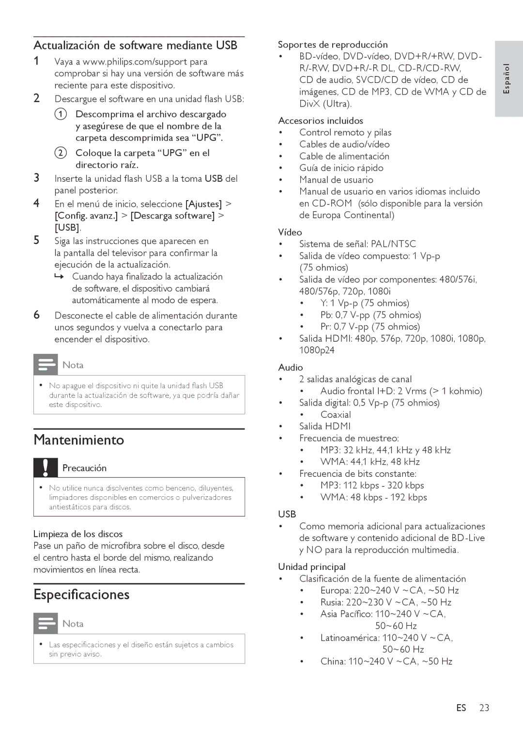 Philips BDP3000 manual Mantenimiento, Especificaciones, Actualización de software mediante USB, Usb 