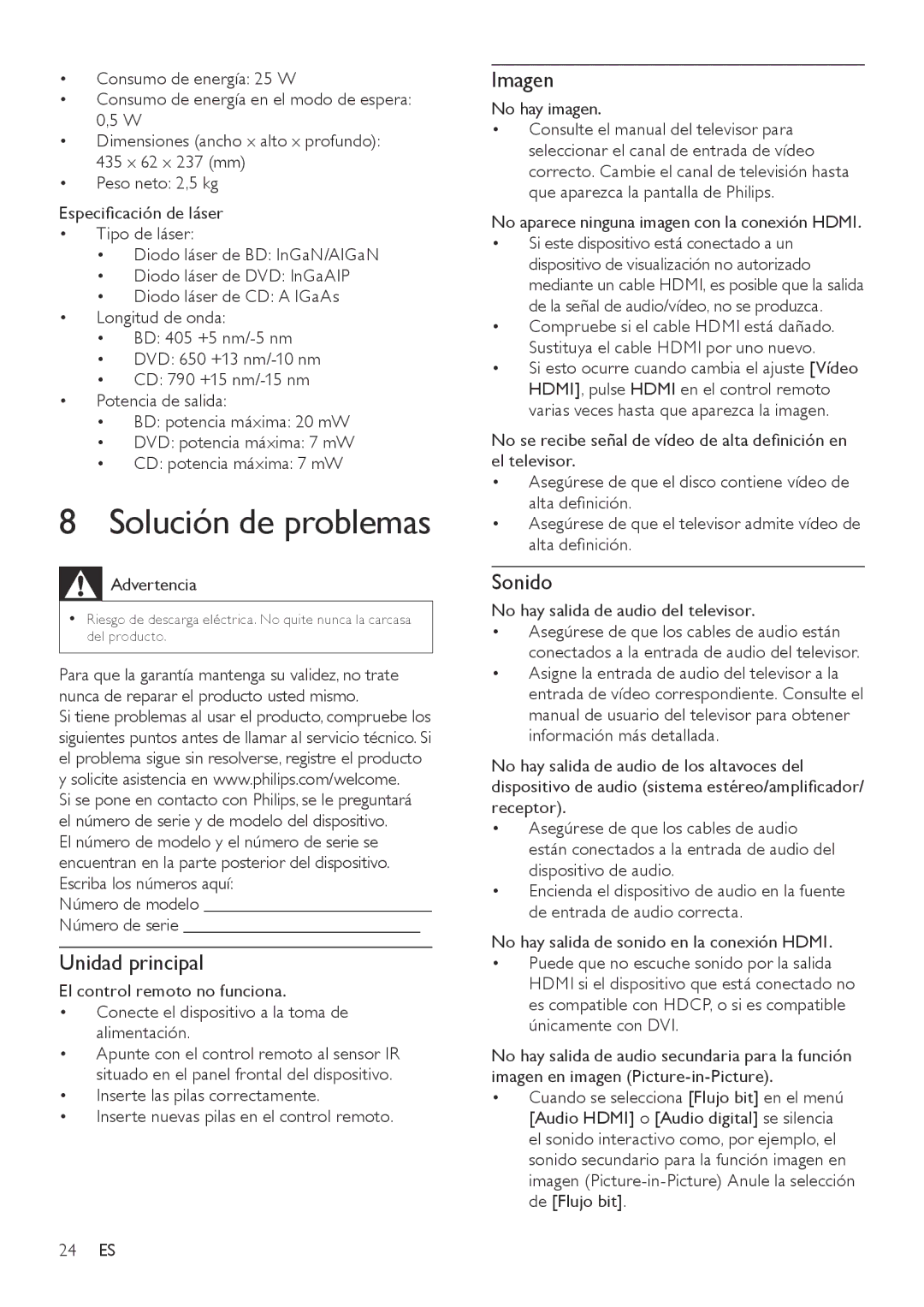 Philips BDP3000 manual Solución de problemas, Imagen, Sonido, No hay salida de audio del televisor 