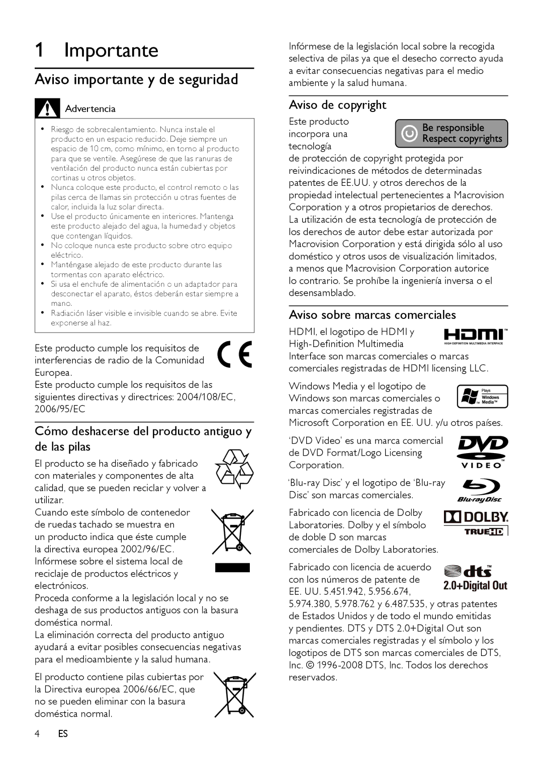 Philips BDP3000 manual Importante, Aviso importante y de seguridad, Cómo deshacerse del producto antiguo y de las pilas 