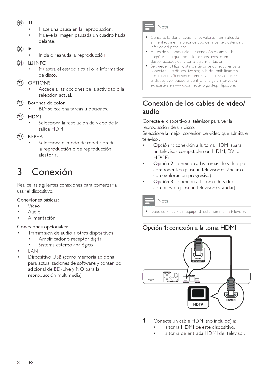 Philips BDP3000 manual Conexión de los cables de vídeo/ audio, Opción 1 conexión a la toma Hdmi 