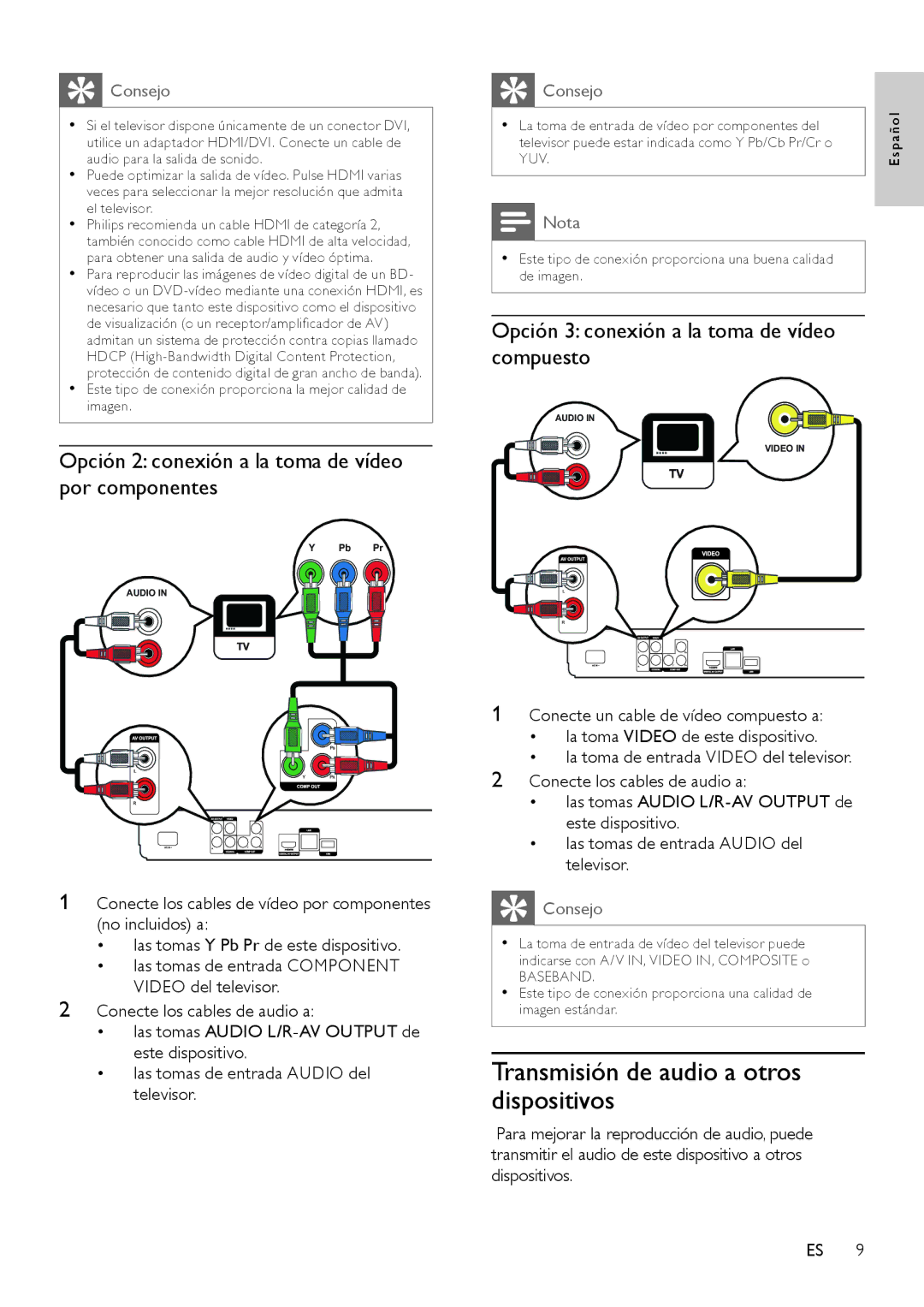 Philips BDP3000 manual Transmisión de audio a otros dispositivos, Opción 2 conexión a la toma de vídeo por componentes 