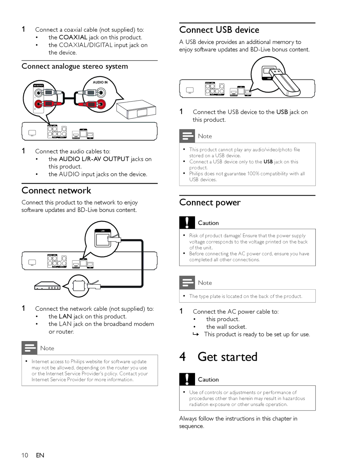 Philips BDP3000/12 Get started, Connect network, Connect USB device, Connect power, Connect analogue stereo system 