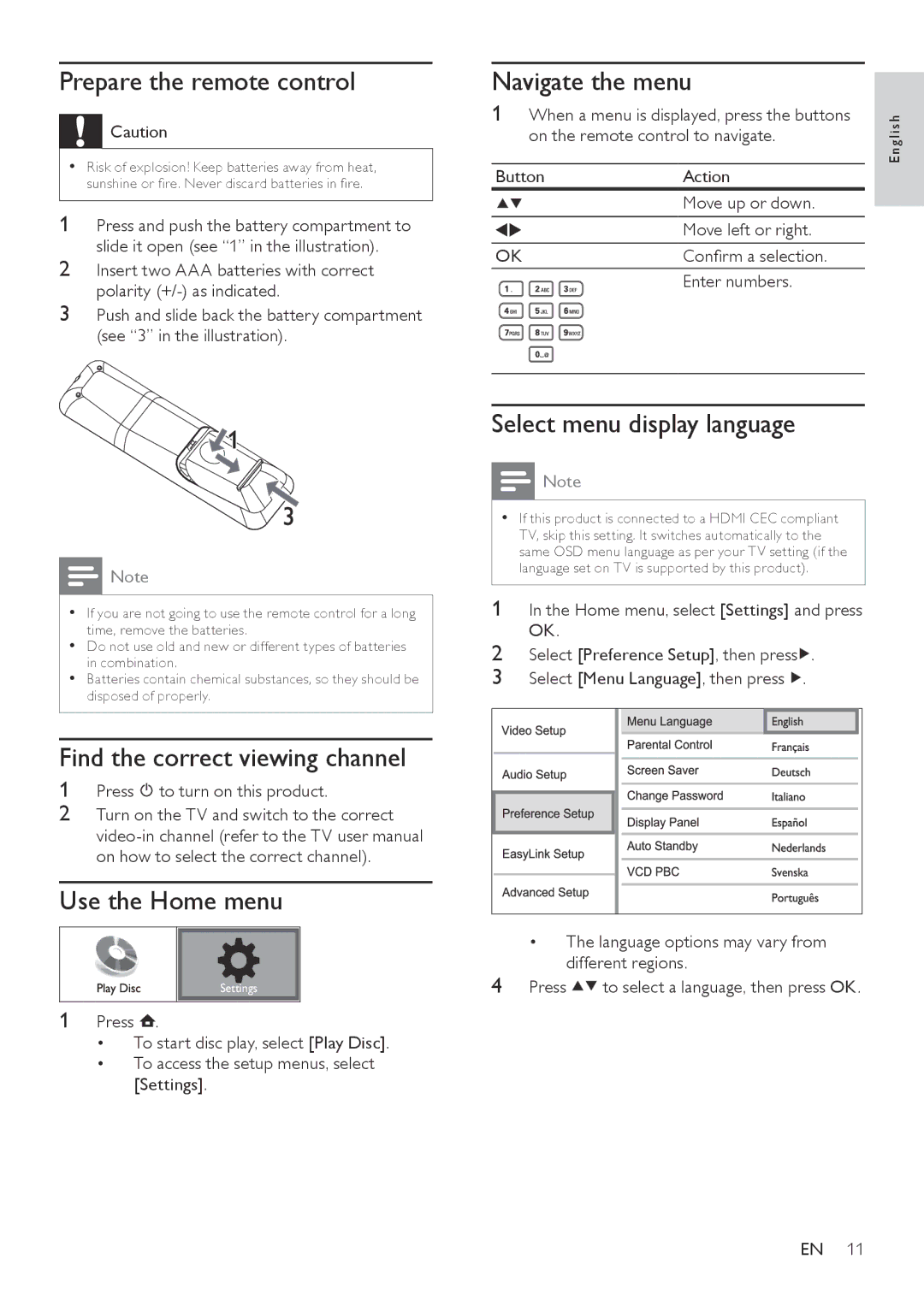 Philips BDP3000/12 Prepare the remote control, Navigate the menu, Find the correct viewing channel, Use the Home menu 