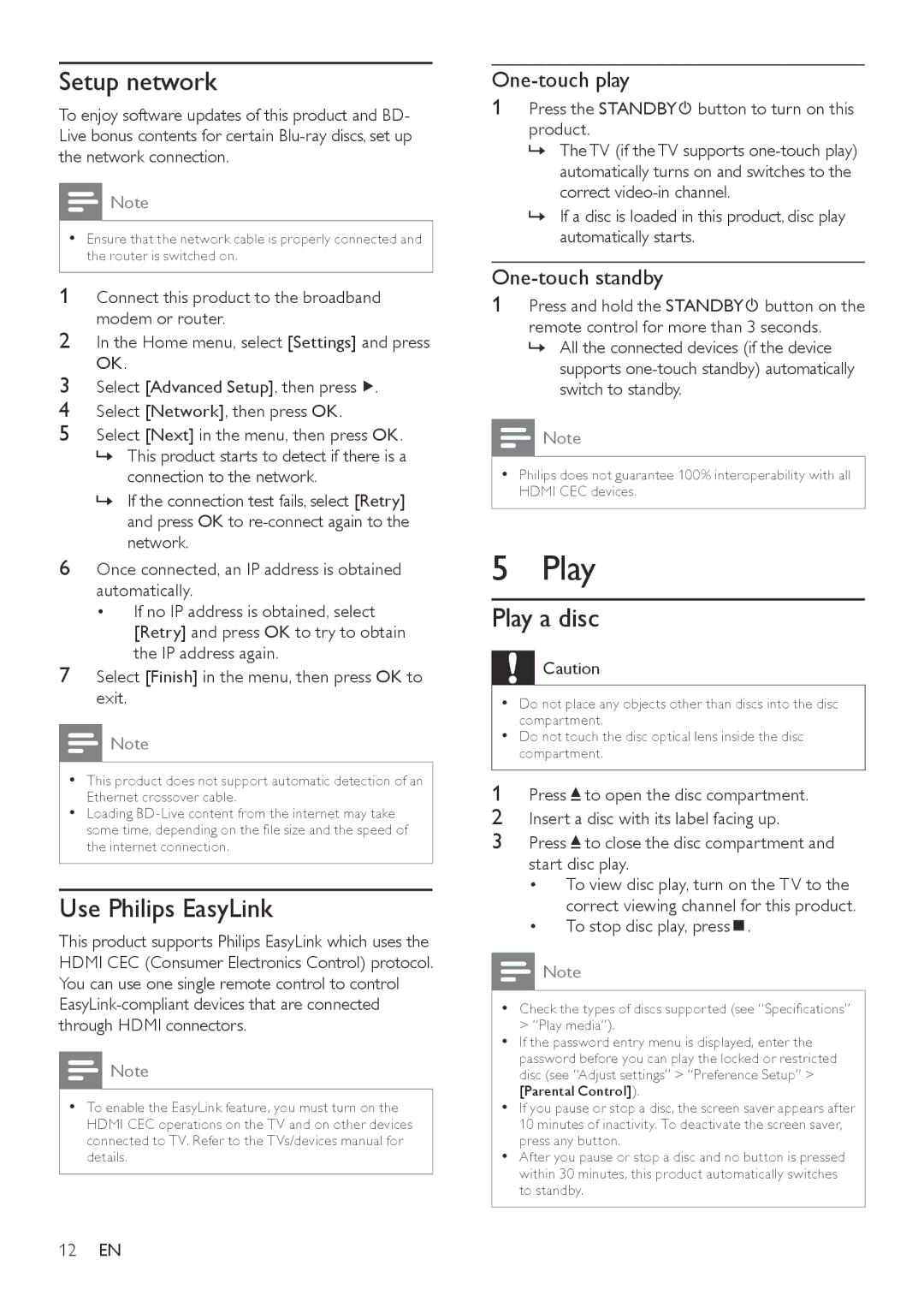 Philips BDP3000/12 user manual Setup network, Use Philips EasyLink, Play a disc 