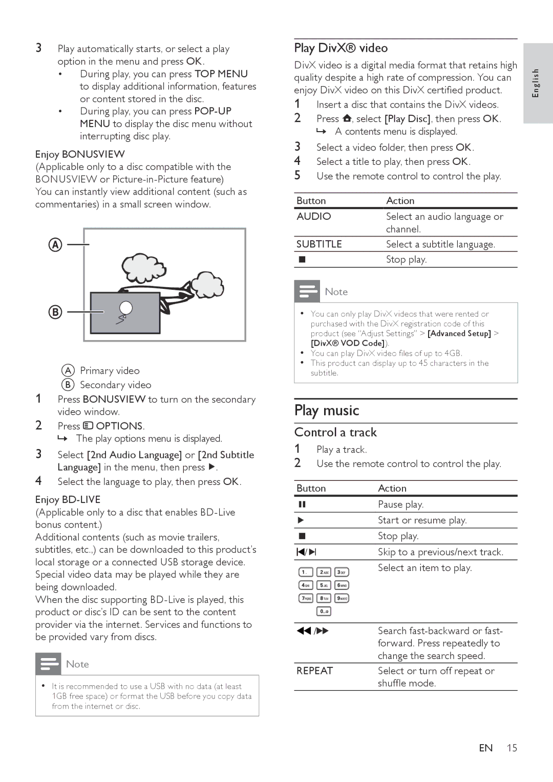 Philips BDP3000/12 user manual Play music, Play DivX video, Control a track 