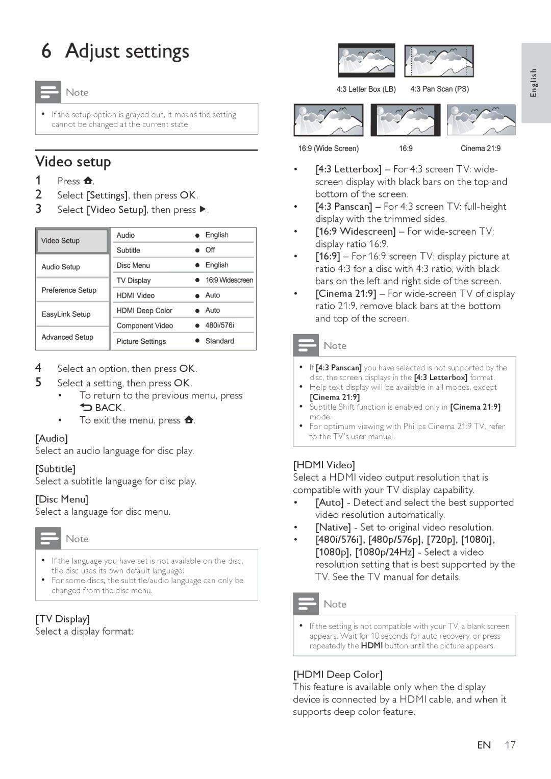 Philips BDP3000/12 user manual Adjust settings, Video setup, Press, TV Display Select a display format, Hdmi Video 