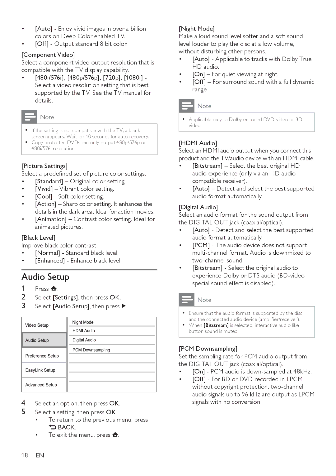 Philips BDP3000/12 user manual Audio Setup, Off Output standard 8 bit color Component Video, Hdmi Audio 