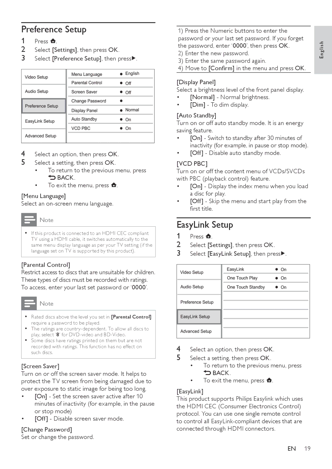 Philips BDP3000/12 user manual Preference Setup, EasyLink Setup, Vcd Pbc 