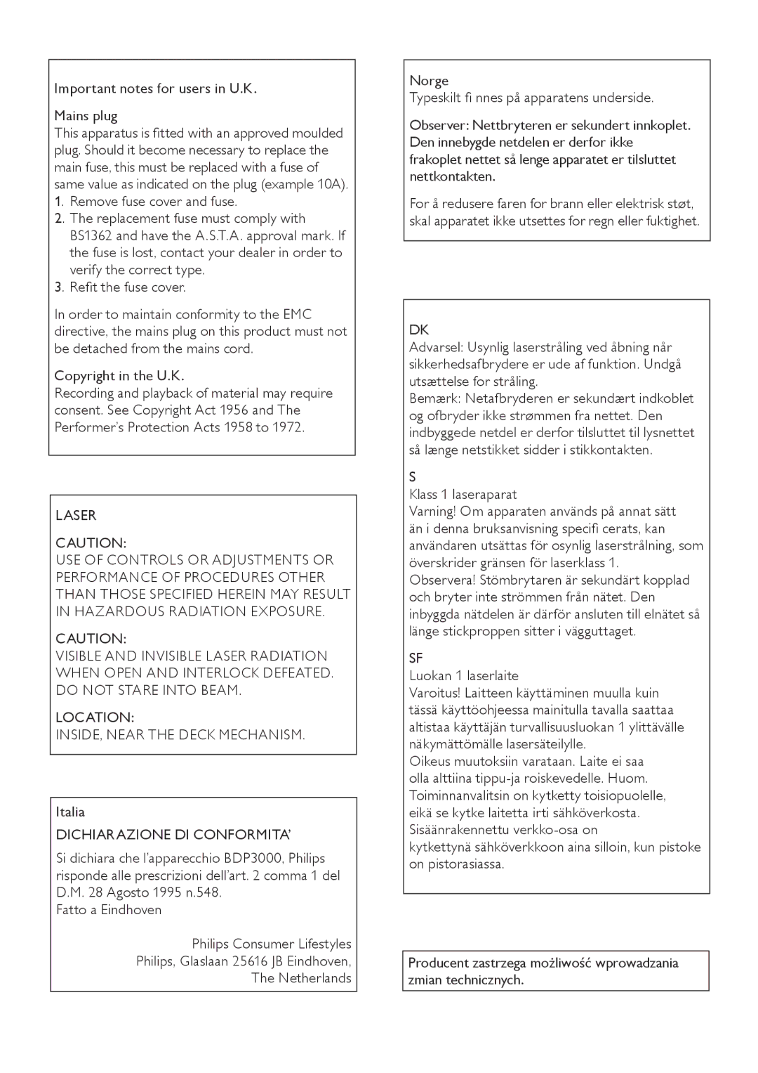 Philips BDP3000/12 user manual Important notes for users in U.K Mains plug, Laser, Italia, Dichiarazione DI CONFORMITA’ 