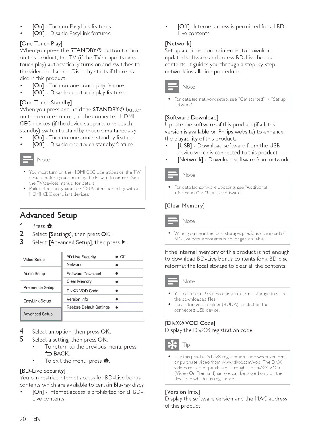 Philips BDP3000/12 user manual Advanced Setup, Network Download software from network, Clear Memory 