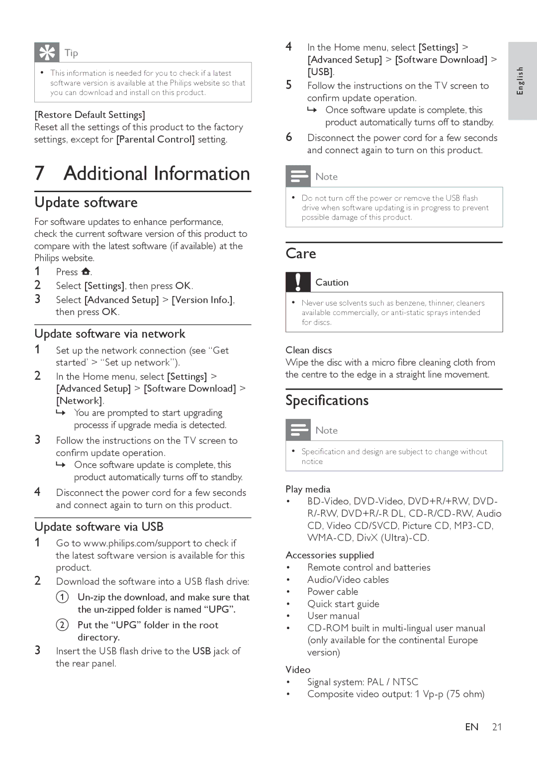 Philips BDP3000/12 user manual Additional Information, Update software, Care, Specifications 