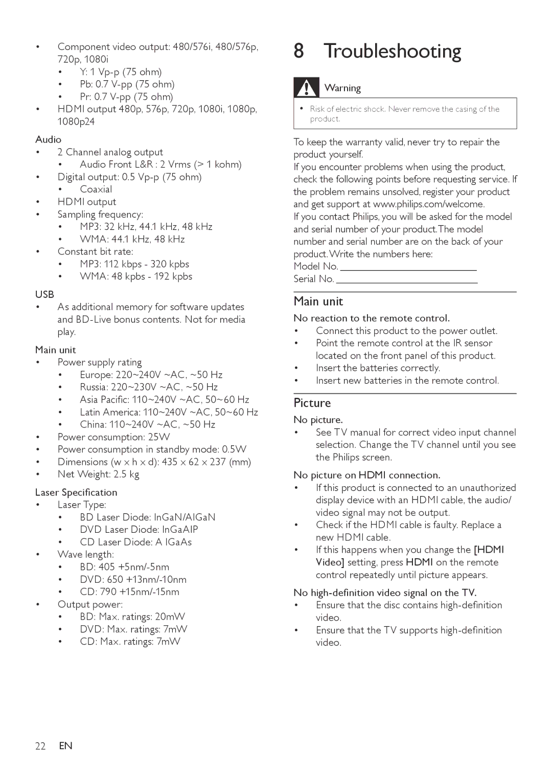 Philips BDP3000/12 user manual Troubleshooting, Picture, Usb, Check if the Hdmi cable is faulty. Replace a new Hdmi cable 