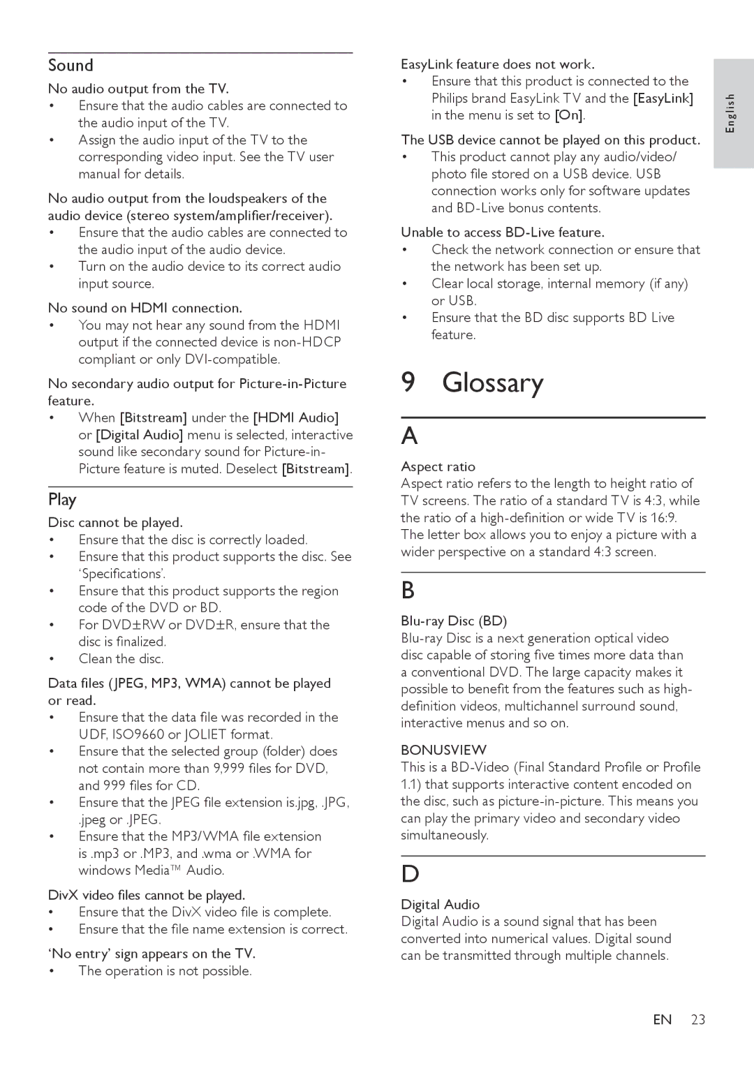 Philips BDP3000/12 user manual Glossary, Sound, Play 