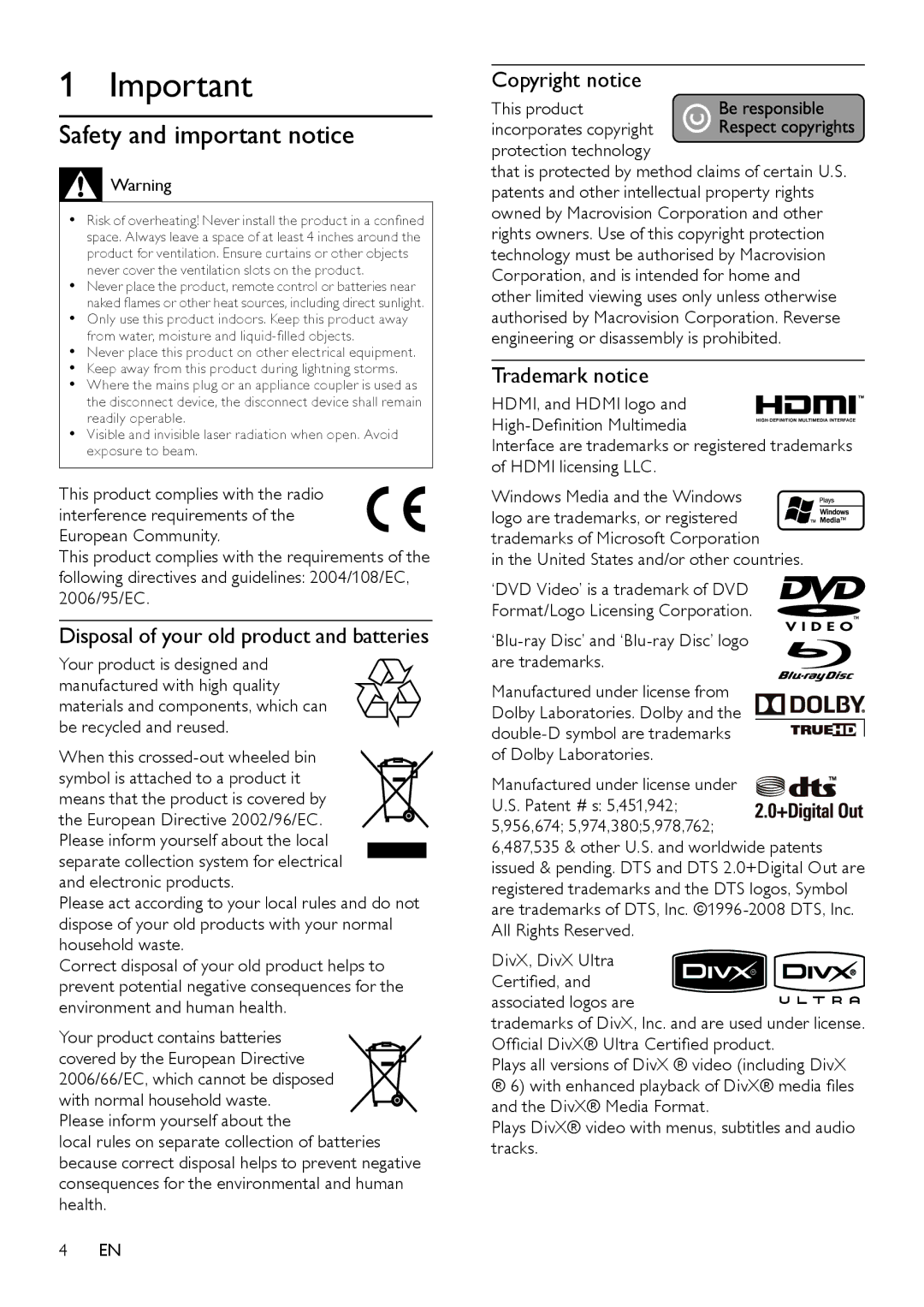 Philips BDP3000/12 user manual Safety and important notice, Disposal of your old product and batteries, Copyright notice 