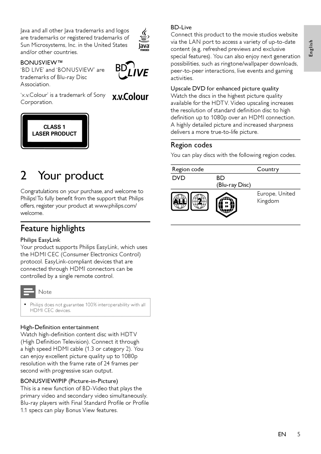 Philips BDP3000/12 user manual Your product, Feature highlights, Region codes, Bonusview, Dvd 