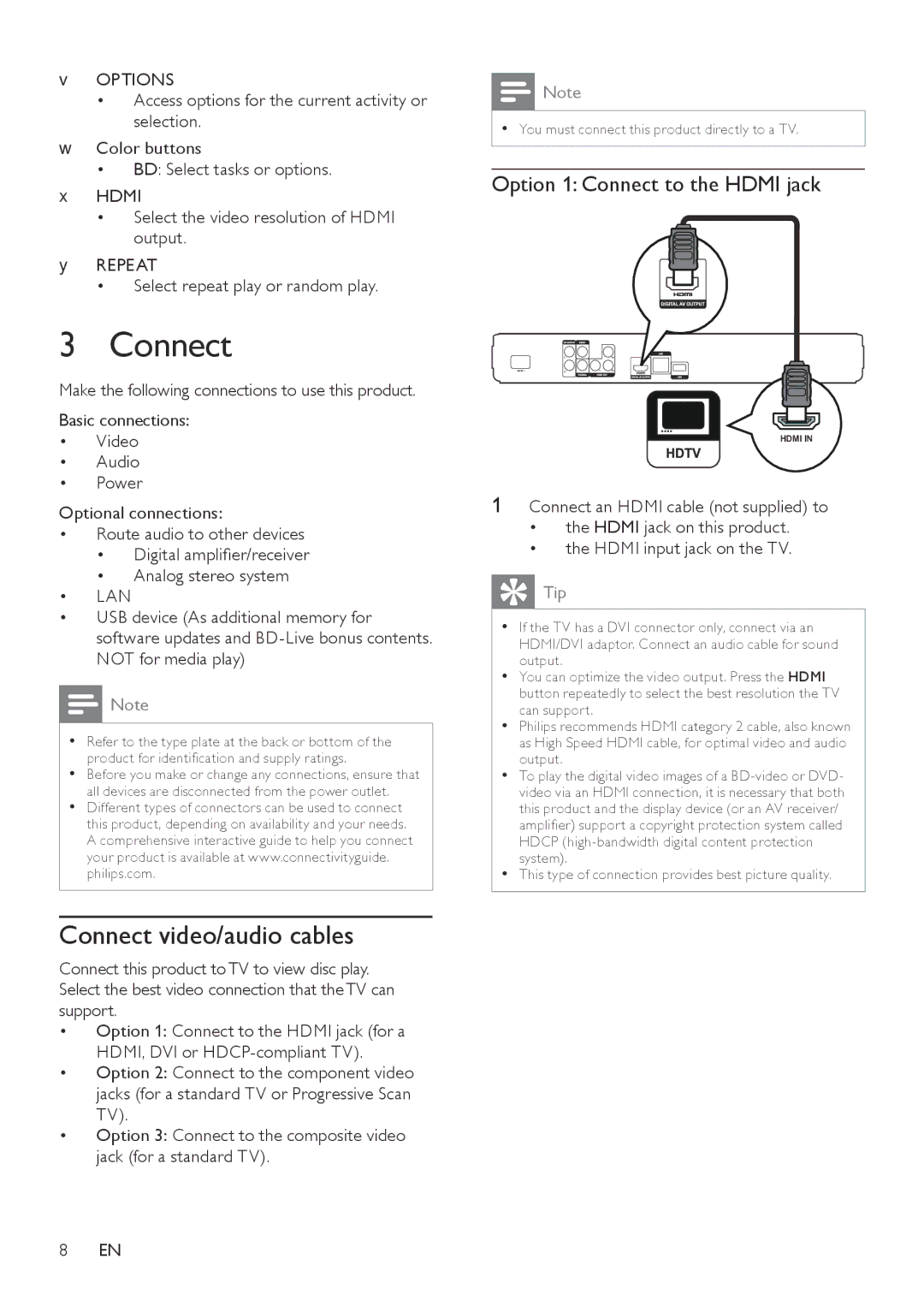 Philips BDP3000/12 user manual Connect video/audio cables, Option 1 Connect to the Hdmi jack 