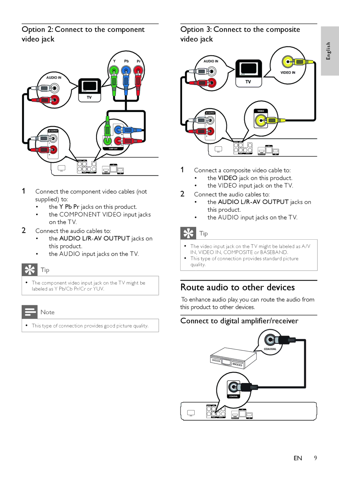 Philips BDP3000/12 user manual Route audio to other devices, Option 2 Connect to the component video jack 