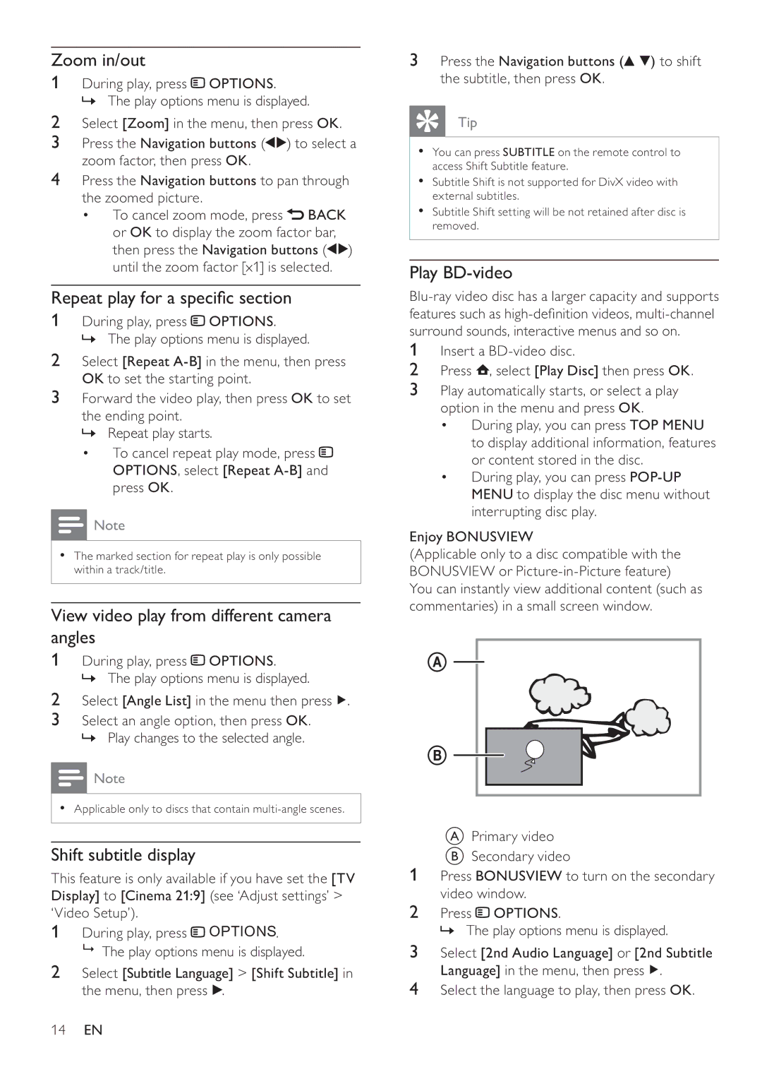 Philips BDP3008 user manual Zoom in/out, Repeat play for a speciﬁ c section, View video play from different camera angles 