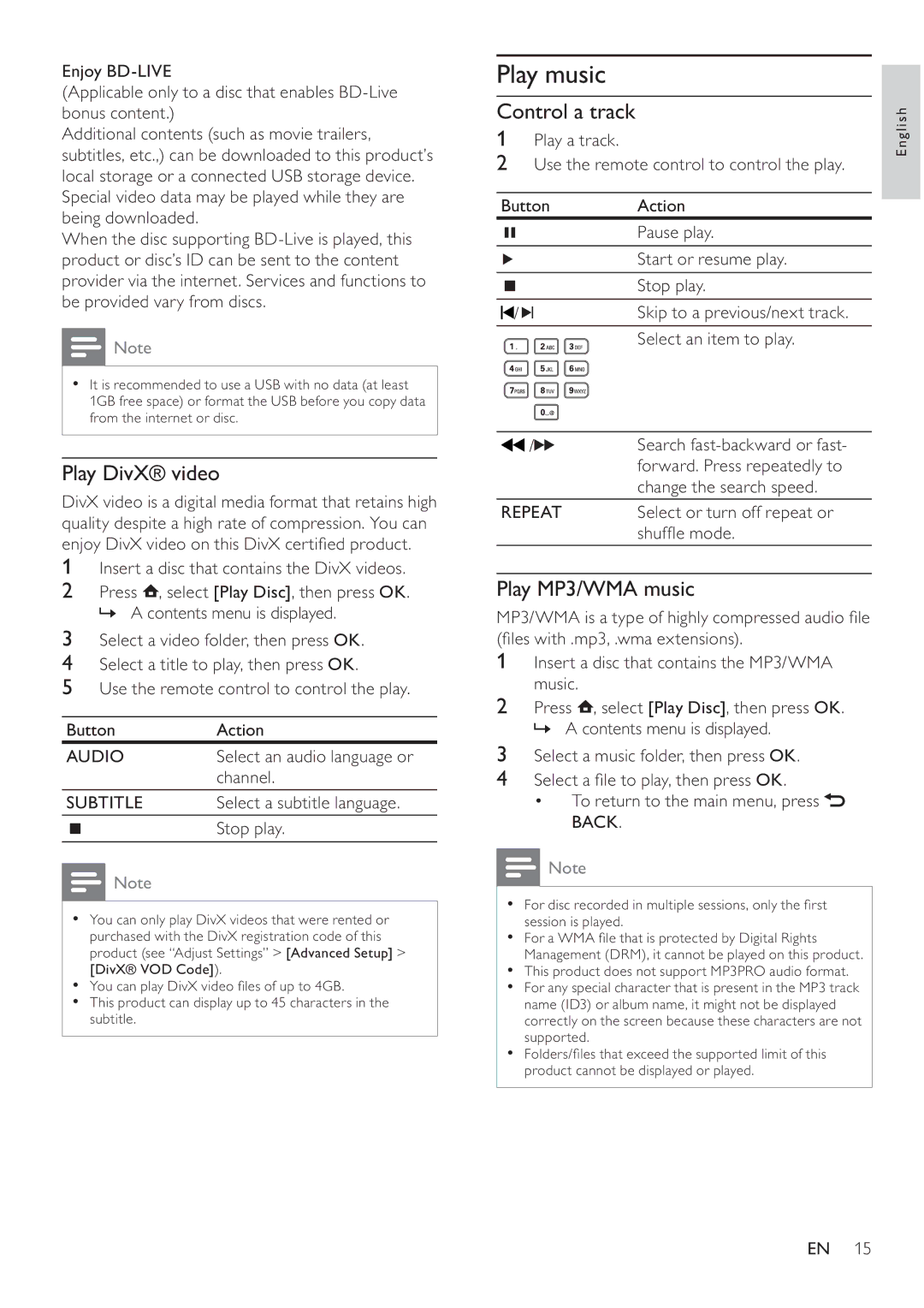 Philips BDP3008 user manual Play music, Play DivX video, Control a track, Play MP3/WMA music 