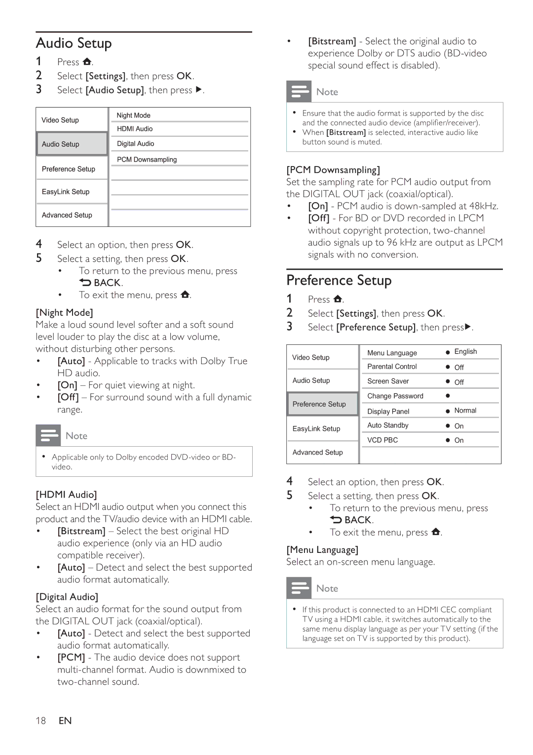 Philips BDP3008 user manual Audio Setup, Preference Setup 