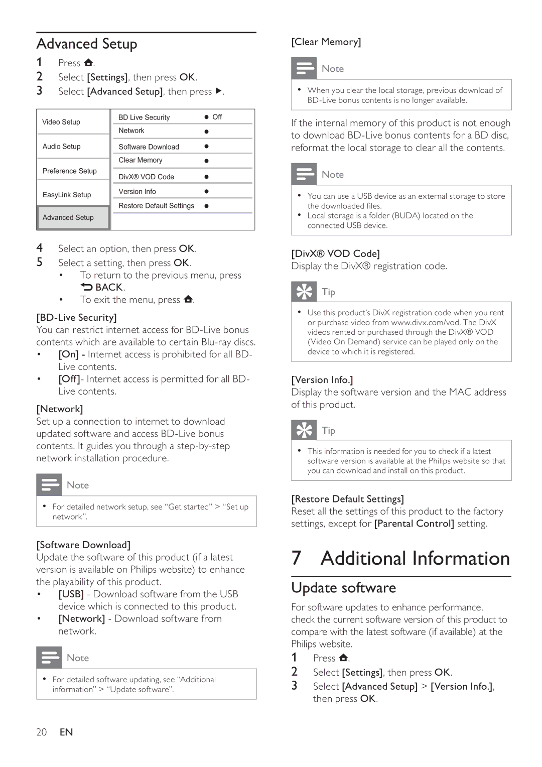 Philips BDP3008 user manual Additional Information, Advanced Setup, Update software 