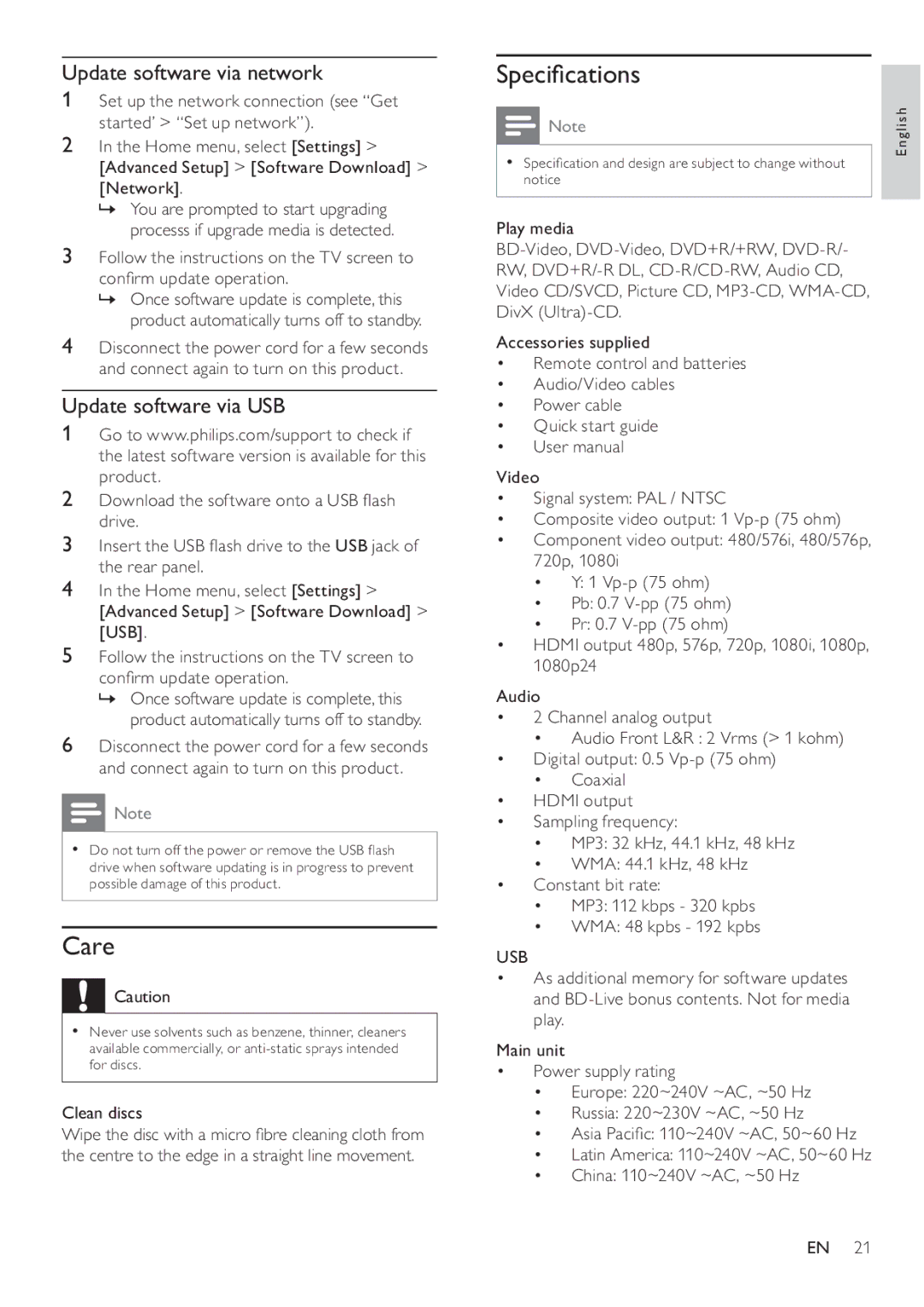 Philips BDP3008 user manual Care, Speciﬁ cations, Update software via network, Update software via USB, Usb 